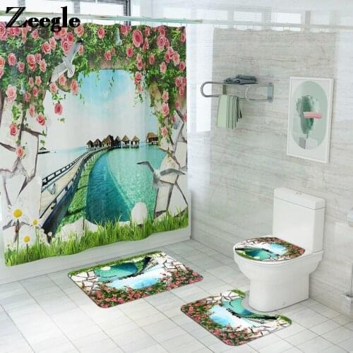 Modern Style Bathroom Bath Mat and Shower Curtain Set Home Decor Bathroom Carpet Shower Room Mat Absorbent Toilet Seat Cover Mat