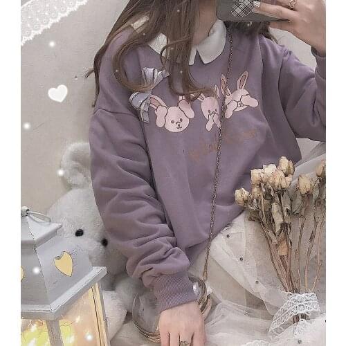 Three Rabbits Kawaii Autumn Winter Womens Warm Sweatshirt O-neck Long Sleeve Pullovers Thick Cashmere Hoodies Sweet Cute