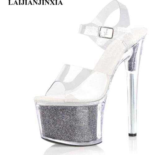 New Pole Dance Shoes Glitter Women Transparent Platform Sandals Concise High Stripper Heels Sexy Fetish Nightclub Models Shoes