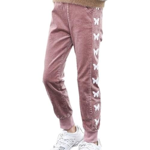 Girls Corduroy Pants 4-14 Years Old Children Casual Pants Autumn and Winter Side Butterfly Print Girls Korean Corduroy Trousers