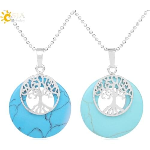 CSJA Tree of Life Pendant Round Flat Donut Bead Opal Howlite Onyx Stone Spiritual Charm Pendants Necklace for Women Jewelry F971