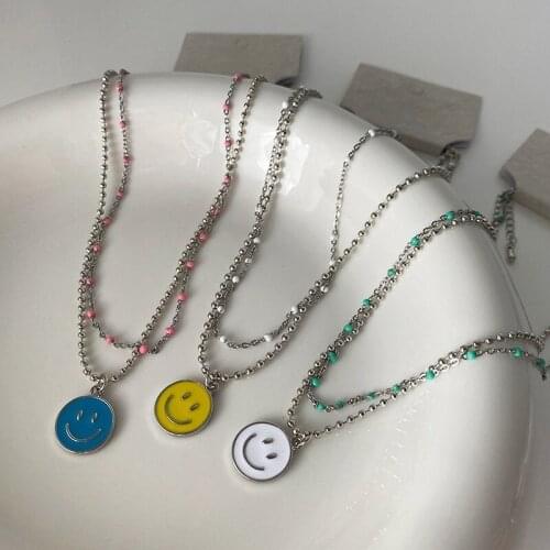 VSnow Fairy Multicolor Double-Layer Crystal Beaded Pendant Necklace for Women Circle Enamel Smile Face Metal Necklace Jewellery