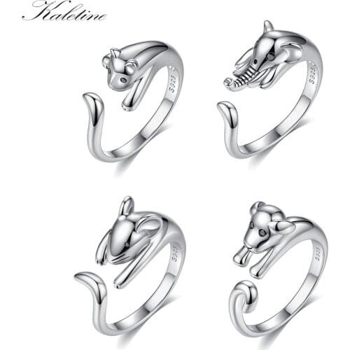 Kaletine Fashion 925 Sterling Silver Rings For Women Cute Tail Adjustable French Bulldog/Cat/Mouse/Elephant Ring Tiffan Jewelry