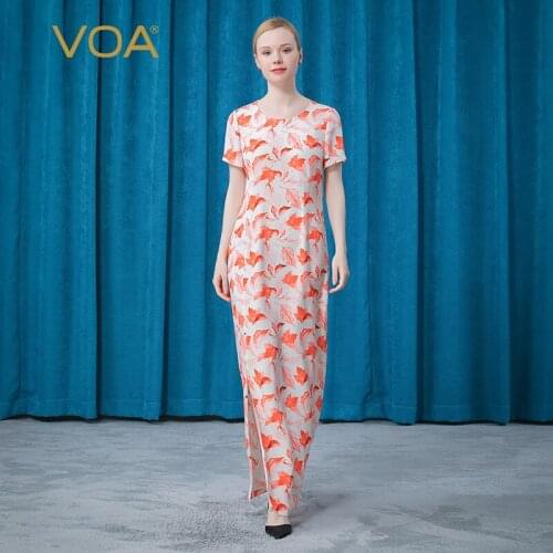 VOA Heavy 30m/m Silk O-Neck Streetwear Tower Foldable Backless Hem Split Improved Simple Cheongsam Maxi Dresses for Women AE789