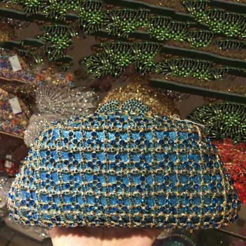 Gold Metal Blue Rhinestone Purse High Quality Lady Girls Diamond Crystal Prom Ball Handbags Luxury Women Dinner BanquetClutches