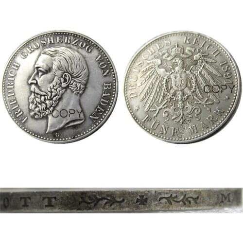 1891 GERMAN STATES BADEN - 5 mark Silver Plated Copy coin