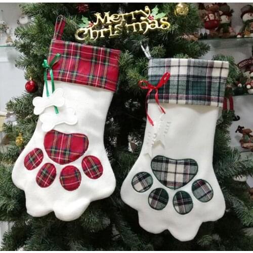 50pcs Dog Paw Plaid Gift Bag Pet Christmas Stocking Animal Christmas Stocking for Kids Candy Bag Gifts Christmas Indoor Decor SN