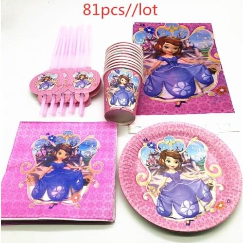 81Pcs Disney Sofia Theme Kids Girl Favor Birthday Party Paper Disposable Cup+Plate+Napkin+Straw+Tablecloth Decoration Supplies