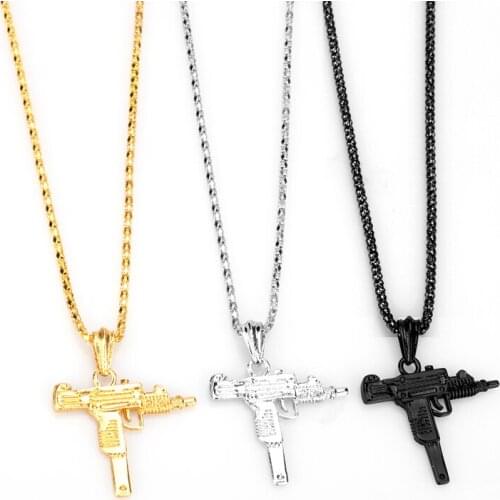 Submachine UZI gun Model Necklace Men Hip Hop Jewelry Metal Charm Link Chain Pendant Necklace Army Style Male Accessories
