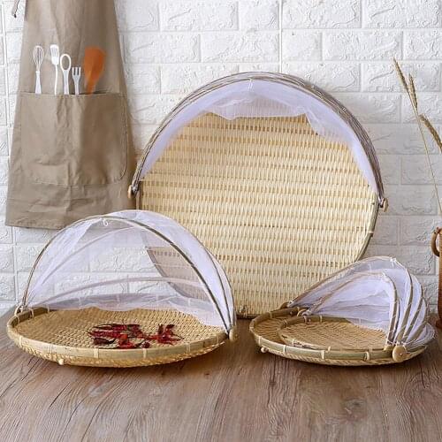 Creative Handmade Bamboo Wicker Basket With Gauze Bug Proof Dustproof Kitchen Food Fruit Vegetable Bread Basket Cover Bakery
