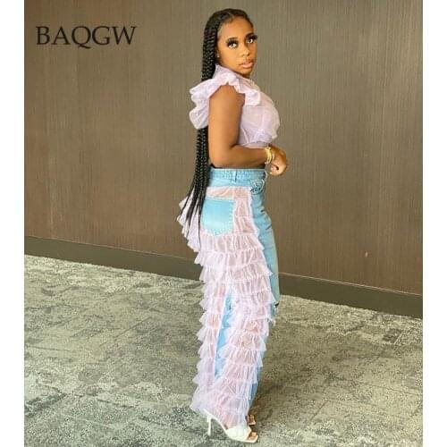 Hot Sexy Ruffle Mesh Patchwork Women High Waist Pants Sheer Leg Pants Transparent See Through Cover Up Jeans Trouser Pantalon