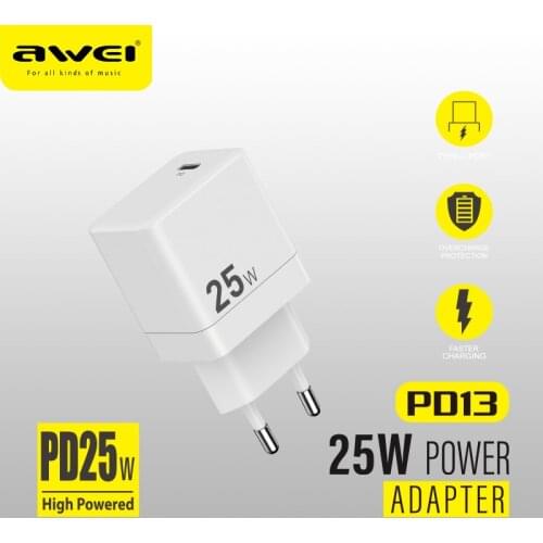 AWEI PD 25W Fast Charger Quick QC Charging Adapters EU Plug Type C Portable Travel Charger For iPhone Huawei PD13