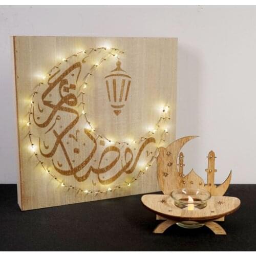 DIY Wood Eid Mubarak led Candle Candlestick Moon LED Light String Wooden Hanging Pendant Ramadan Handicraft Muslim Party Supply