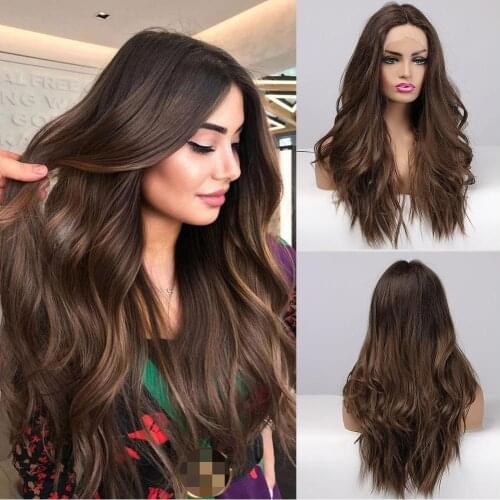 LOUIS FERRE Long Wavy Synthetic Lace Front Wigs for Black Women Daily Party Black Brown Ombre Lace Wigs Natural Heat Resistant