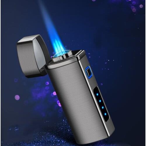 Metal USB Triple Torch Gas Window LED Lighter 3 Jet Gas Cigar Three Turbo Windproof Powerful BBQ Spray Gun Kitchen Pipe Lighter