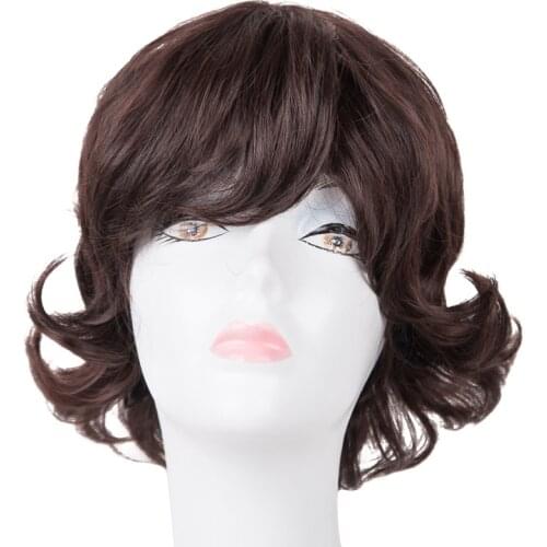 Short Wavy Wig Fei-Show Synthetic Heat Resistant Fiber Coffee Brown Hair Women Male Inclined Bangs Party Tail Warp Hairpiece