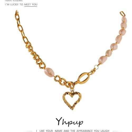 Yhpup Fashion Natural Pearl Heart Pendant Necklace Golden Metal Zinc Alloy Jewelry ожерелье Stylish Chain Choker Necklace Gift