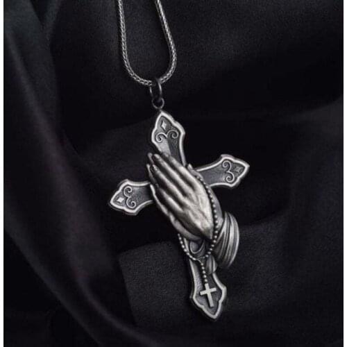 Trendy Rock Punk Jesus Cross Praying Hands Shape Pendant Necklaces Luxury Vintage GothicGold Silvery Necklace For Men Women