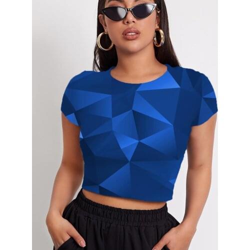 3d Tshirt Dark Blue T shirt Women Cube Navel Bare Geometry Funny T shirts Short Sleeve Punk Rock Fashion Male Tops