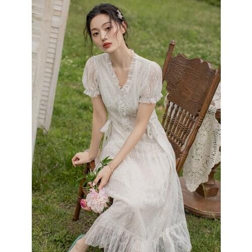 2019 new fashion womens dresses French Vintage White Short Sleeve Lace Long Dress Holiday