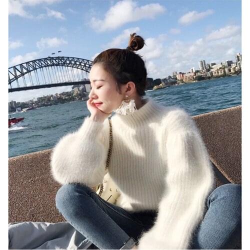 2020 NEW women mink cashmere turtleneck sweater pullovers female lantern sleeve thick loose style sweater free shipping JN033