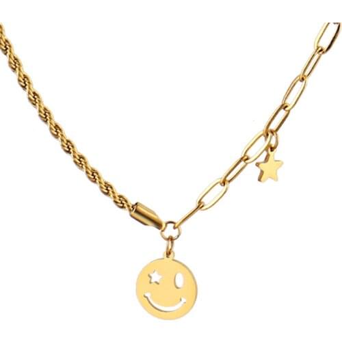 Punk Stainless Steel Necklace Women Double Layers Necklace Chain Necklace For Women Smiling Face Necklaces Charm Jewelry Gifts
