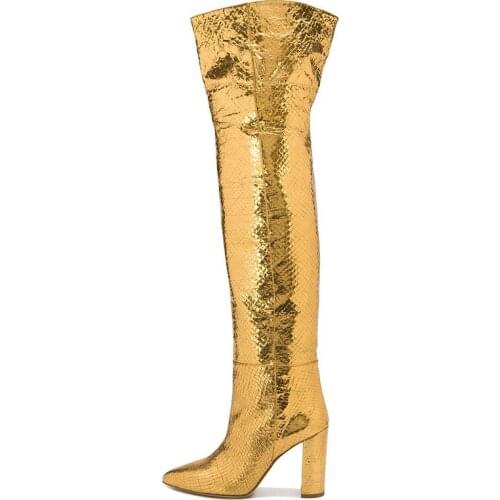 Sexy Womens Boots Pointed Toed Gold Snakeskin Leather Over-the-knee Boots Square Heel Rome Shoes Woman Booties Botas De Mujer