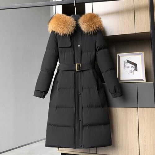 Womens Down Jacket Winter Long Coat Thick Winter Female Real Raccoon Fur Collar Hooded Duck Down Feather Parkas Lady Clothes