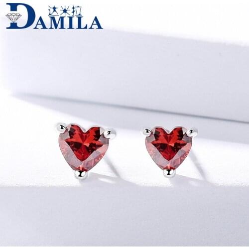 Rhodium plated earrings silver 925 earrings for women S925 sterling silver red heart garnet stone earring 2018 fashion simple