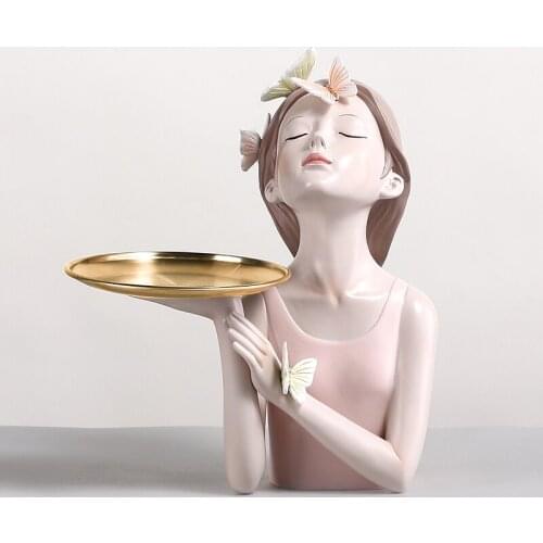 Nordic Home Decoration One Piece Resin Statue Handmade Butterfly Earphone Girl Tray Statues Wedding Gift Cosmetic Storage Tray