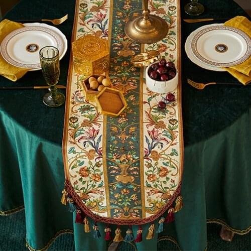Retro Printed Table Runner Linen Light Luxury American Coffee Table Cover Cloth Exquisite Tassel TV Cabinet Dining Table Runner