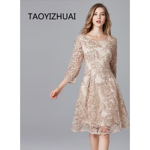 TAOYIZHUAI 2019 New Arrival Spring Summer Dress Plus Size Champagne Ladies Casual Lace A-Line Polyester Dresses For Women 14146
