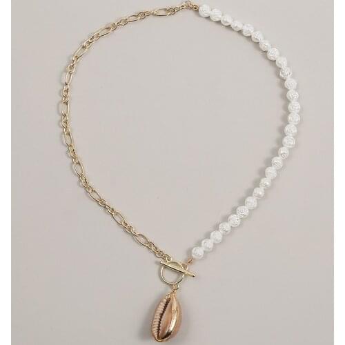 Trendy Natural Shell Big Pendant Metal Gold Chain Necklaces For Women Rose Flower Shape White Pearl Asymmetry Necklace Jewelry
