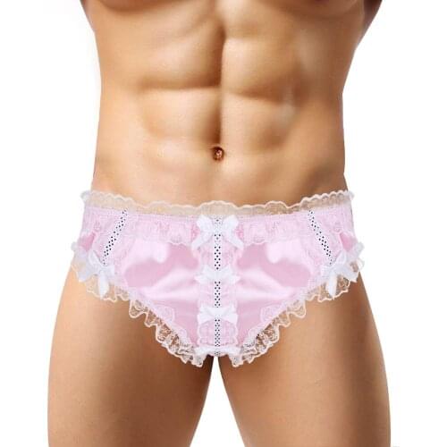 Sexy Lingerie Mens Shiny Panties Sissy Underpant Gay Underwear Erotic Lingerie Lace Ruffled Floral Low Waist Bikini Briefs