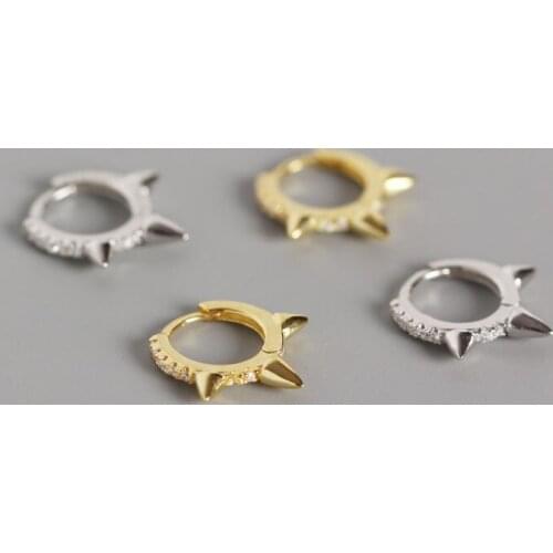 YPAY Pure 100% 925 Sterling Silver Small Rivet Hoop Earrings For Women Punk Cool Zircon Spike Fine Party Jewelry YME510