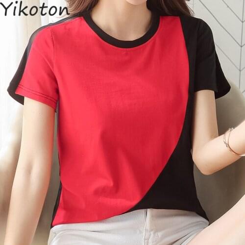 2021 Summer Clothes For Women Short Sleeve Tshirt Female Tops Basic Casual Lady Shirt Fashion Patchwork T-Shirt O-Neck Red Blue