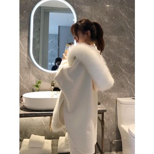 MENINA BONITA Casual Winter Jacket Women Natural Real Fox Fur Collar Cashmere Wool Blends Outerwear Coat Streetwear Loose Cloak