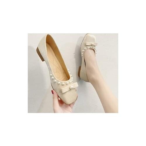 Womens Shoes Full Summer Shoes Womens Square Toe Womens Pearl Shallow Mouth Womens Shoes Lovely Shoes