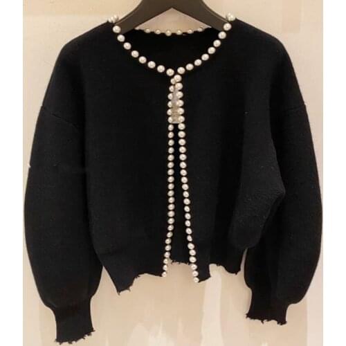 New Fashion Pearls Cardigan Batwing Sleeve Wool Knit Vintage Womens Coat High Quality Jacket