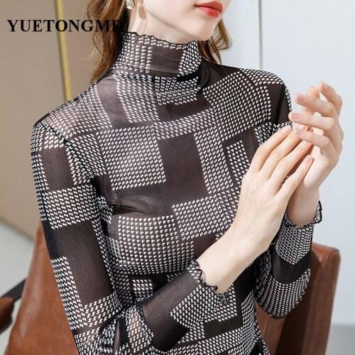 2021 spring womens sexy see-through single-layer thin bottoming clothes sexy high neck mesh bottoming shirt women Tops T027