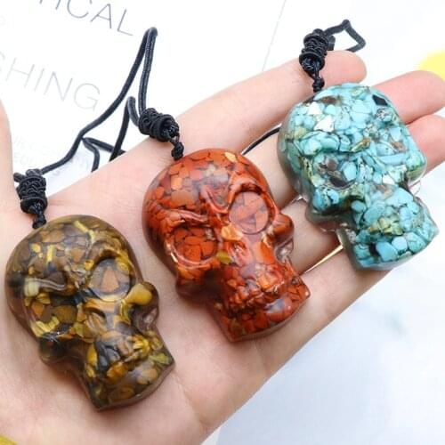 34*50mm Resin Geometric Natural Crystal Stone Energy Necklaces Pendulum Skull Hip Hop Style Halloween Jewelry For Men And Women