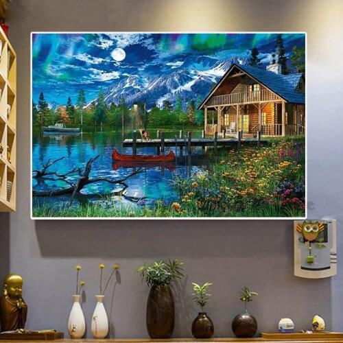 5D DIY Diamond Painting Lake, Chalet, Snow Mountain, Aurora Full Square Round Resin Rhinestone Embroidery Cross Stitch TT5491