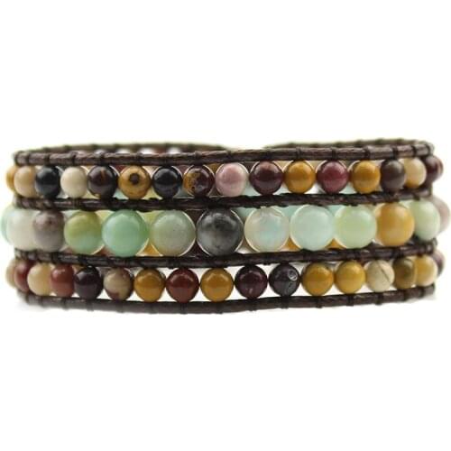 Amazonite Yelk Stone Cuff Bracelet Bangles for Women Sunflower Clasp Boho 3Rows Wrap Bracelet Natural Stone Jewelry Dropshipping