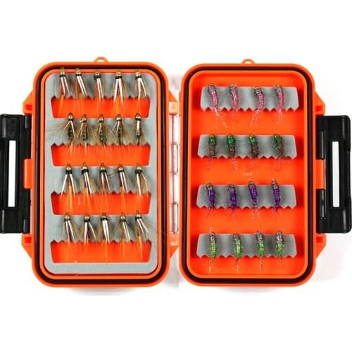 Bimoo 36pcs/box Trout Fly Fishing Brass Bead Head Princes Nymph Red Copper John with Pocket Size Fly Box Grayling Flies
