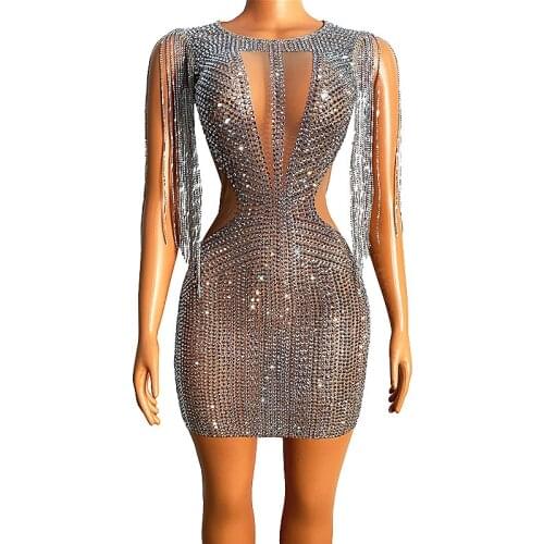 Sparkly Silver Rhinestone Fringe Transparent Short Dress Birthday Celebrate Chain Shoulder Outfit Women Dancer Evening Dress