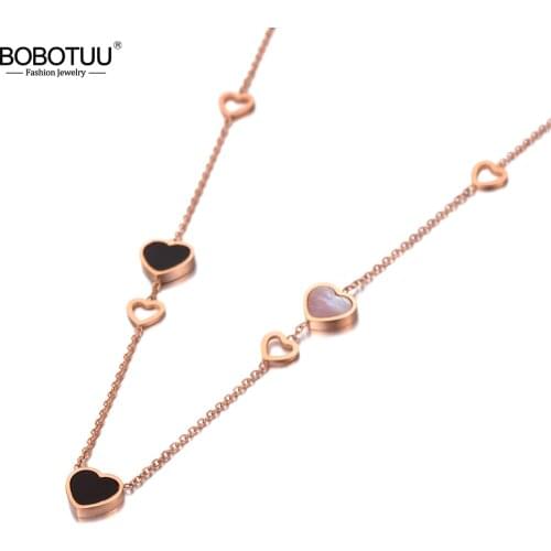 BOBOTUU Trendy 316L Stainless Steel 7Pcs Love Heart Charm Pendant Necklace Jewelry Rose Gold Wedding Necklace For Women BN20068