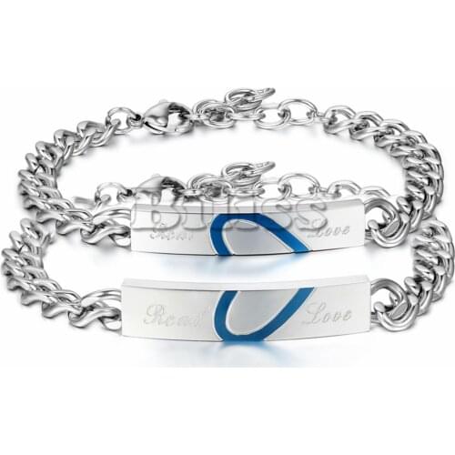 His and Hers Bracelet Anniversary Gift Stainless Steel Jewelry Split Heart Couple Bracelets Bangle For Lover Blue Color pulseira