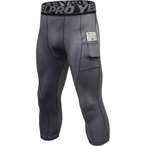 Men Side Pocket Sexy Elastic 3/4 Leggings Breathable Quick Dry Sports Pants Running Yoga Fitness Gym Wear Comfortable Workout