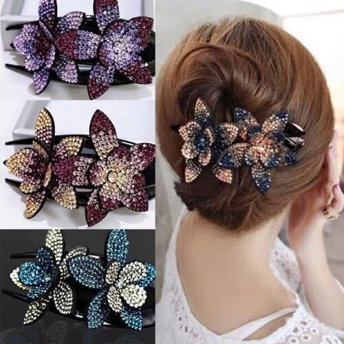 Hot Rhinestone Double Flower Hair Clip Hair Crystal Peals Hair Combs Female Elegant Hairgrip Handmade Fashion Hair Accessories