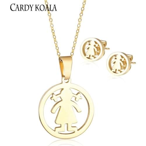 Creative Personality Ring Hollow Girl Titanium Steel Necklace Earring Set Gold-plated Childrens Earrings Necklace Jewelry